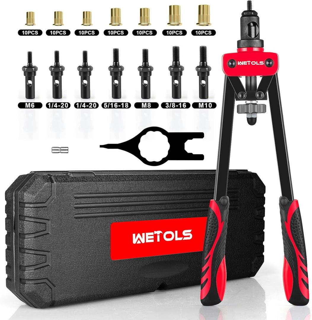 WETOLS Rivet Nut Tool Kit, 14-Inch Rivnut Tool with 7 Metric and SAE Mandrels, Professional Hand Riveter with 70Pcs Rivnuts Assortment Kit, Manual Rivet Nut Gun with Rugged BMC Case