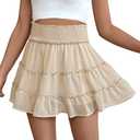 FEOYA Womens Ruffle Skirts High Waisted Flowy Elastic Boho Mini Skirts A Line Summer Chiffon Sports Skorts Built-in Shorts Beige (M)