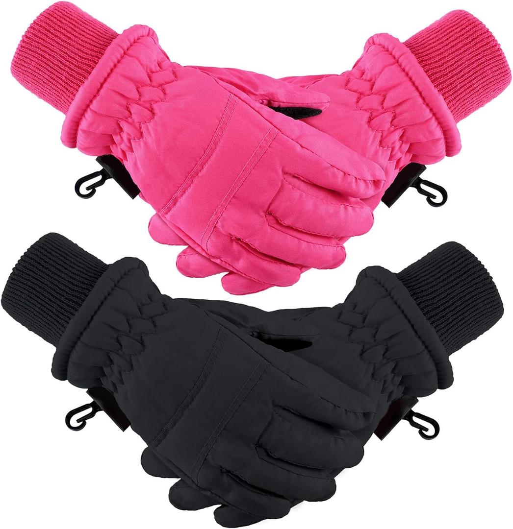 Boao 2 Pairs Kids Winter Ski Gloves Waterproof Warm Snow Mittens Full Finger Gloves for Toddlers Infants (Black, Rose Red, 1-3 Years)