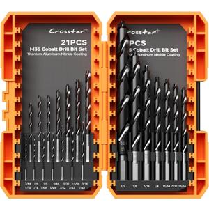Crosstar M35 Cobalt Drill Bit Set - 21pcs 1/16"-1/2" Titanium Coated Self-Centering Metal Drill Bits for Hardened Steel, Stainless Steel, Cast Iron | Bullet Point Tip, High-Speed Jobber Bits