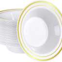 SETUP [12 oz. - 50 Piece Dessert Soup Bowls with Gold Rim, Plastic Bowls Disposable - Premium Heavy-Duty Disposable Soup Bowls for Party, Wedding, and All Occasions