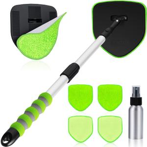 XINDELL Windshield Cleaner Tool, Car Window Cleaning Kit with 4 Reusable Microfiber Pads, Extendable Handle & 360 Rotating Head, Safety Hammer, Streak-Free Auto Glass Wiper for Car Truck SUV RV