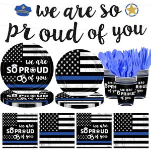 142Pcs Police Academy Graduate Party Supplies We Are So Proud Of You Police Theme Plates and Napkins Congrats Officer Party Decorations for Police Retirement Grad Graduation Promotion Party Serves 24