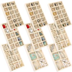 Jewelry Organizer Trays, Set of 9, Velvet Lined, Adjustable Dividers, Stackable, Beige, 8.3 x 4.9 x 1 Inches