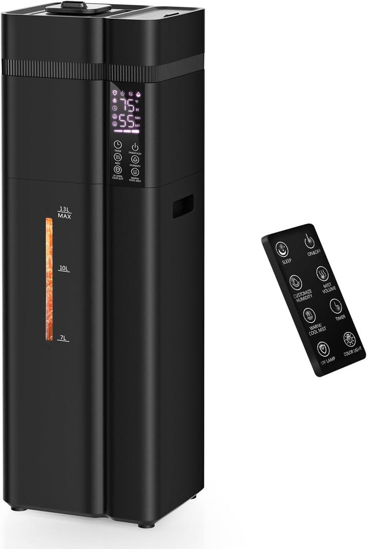 13L/3.4Gal Humidifiers for Bedroom, Ultrasonic Warm & Cool Mist Humidifier Large Room, Covers 800ft, 72H Runtime, 24H Timer, 3 Mist Modes Top Fill Quiet Humidifiers for Home, Office, Black