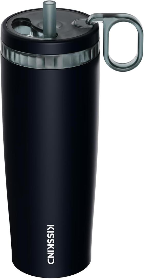 KISSKIND Iced Coffee Tumbler with Hidden Straw, 20 oz Reusable Iced Coffee Cup, Ceramic Lined Travel Mug Fits in Bags and Car Cupholders, 100% Leakproof Cold Brew Cup, No Spill, Midnight Espresso
