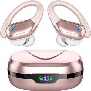 HAOYUYAN Sports Bluetooth Headphones, 80Hrs Playtime Wireless Earbuds with LED Power Display,Noise Canceling Headset Ear Buds（Metallic Pink）
