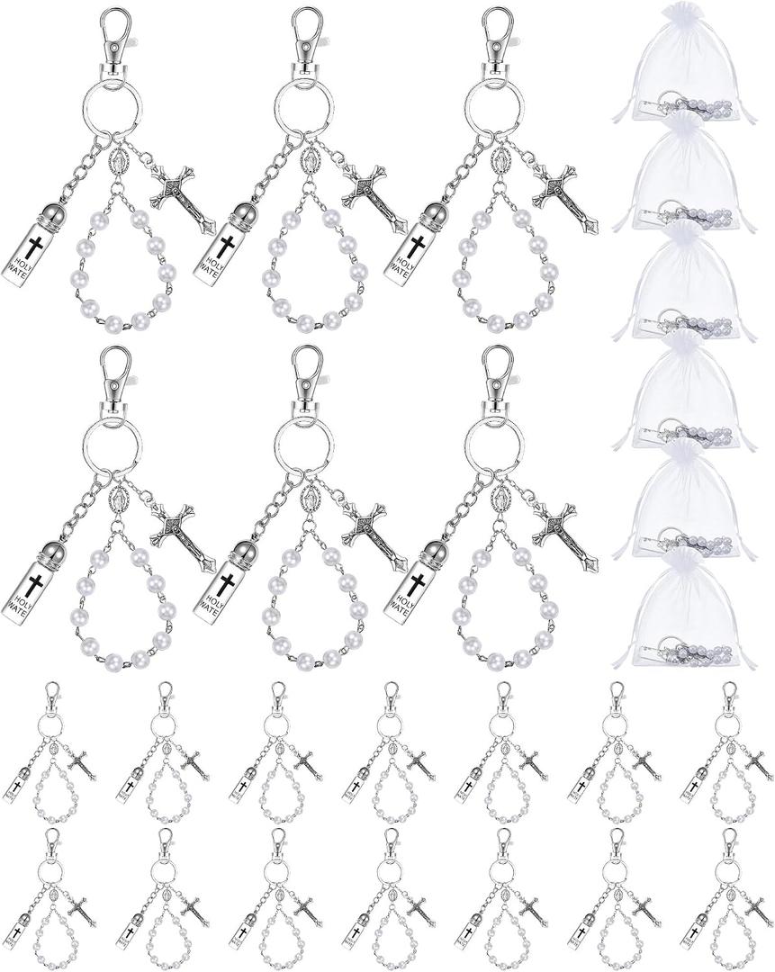Blushtier 20 Set Holy Water Bottle Keychain with Rosary Bead Crucifix Organza Bags Catholic Gifts for Baptism Favors First Communion (White)