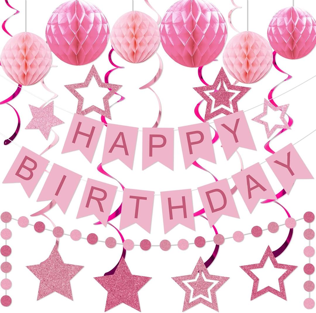 Pink Birthday Decorations - Happy Birthday Pink Banner Paper Pom Poms Star Garland Hanging Swirls Streamer Light Pink Party Decorations for Girls Women