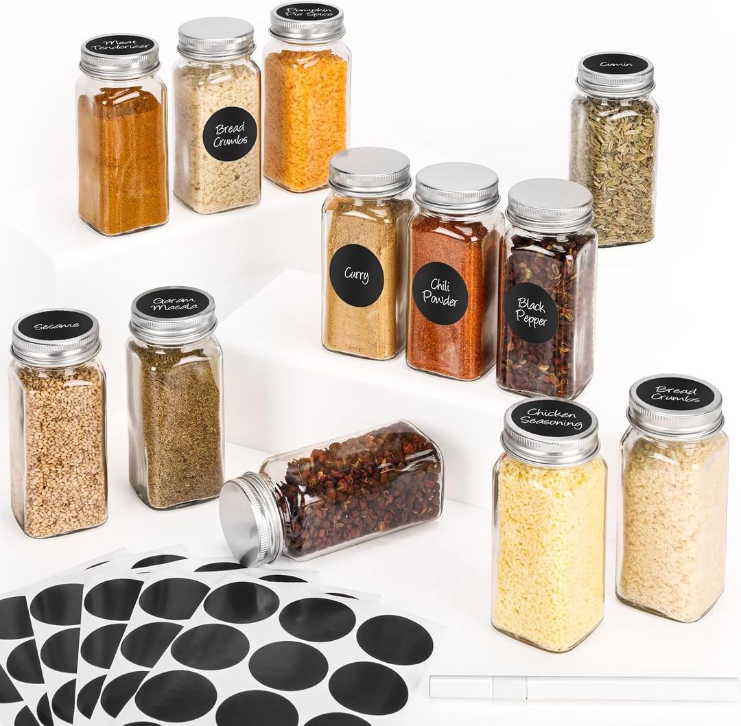 12Pcs Spice Jars with Label, 4oz Empty Square Seasoning Containers, Spice Jars with Shaker Lids, Small Spice Bottles for Salt, Herbs, Sugar, Pepper, Seasoning Jars for Spice Rack, Cabinet, or Drawer (silver)