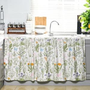Cabinet Curtains 28" W x 51" L Sink Skirt for Bathroom Kitchen Botanical Flower Floral Cabinet Curtains for Classroom Home Farmhouse Rustic Drape Under Desk Privacy Drape for Laundry Room (Green)