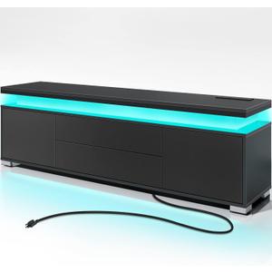 Rolanstar TV Stand with Power Outlet & LED Lights, Modern Entertainment Center for 32/43/50/55/65 Inchs TVs, TV Table, Universal Gaming LED TV Media Stand with Large Storage Cabinet, Black
