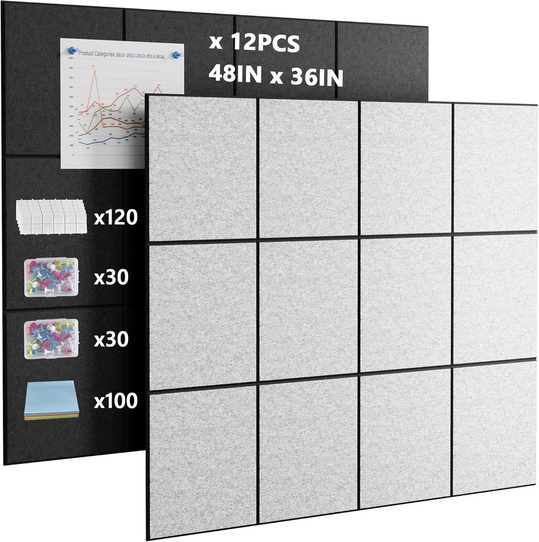Large Cork Board Alternative 48"x36" 12-Pack Felt Wall Tiles w/Damage-Free Removable Adhesive Tabs, Cork Tiles Alternative Cork Boards for Walls Cord Board, Office Pin Board w/Versatile Pins