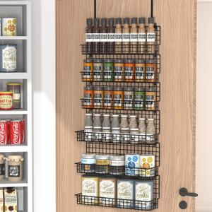 JKsmart 6-Tier Spice Rack Organizer with Door Hook, Wall Mounted & Over the Door Spice Racks for Kitchen Pantry Door Cabinet, Two Size, Large Capacity, Black