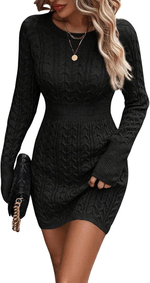 GORGLITTER Women's Cable Knit Sweater Dress Long Sleeve Knit Fall Winter Dresses Crewneck Mini Pencil Dresses (Small, Black)