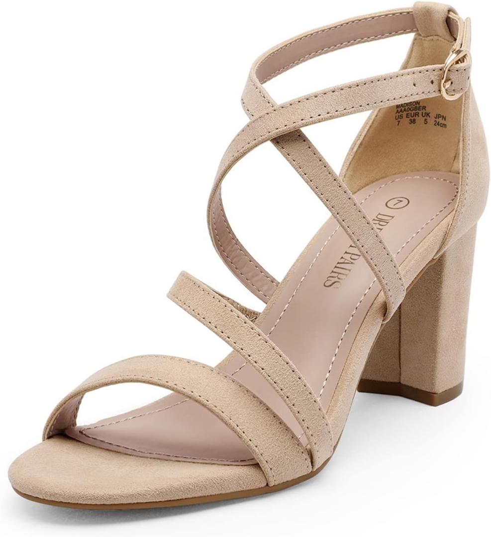 DREAM PAIRS Womens Ankle Strap Dress Pump Low Chunky Heel Sandals (7 Wide, Nude/Suede)