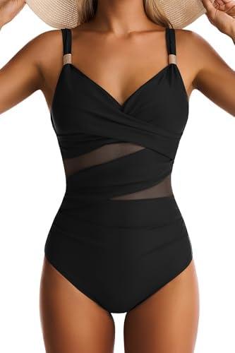 EVOCRCO Women Mesh One Piece Swimsuit Tummy Control Sexy Bathing Suits V Neck Push Up Swimsuits Slimming Swimwear, XL