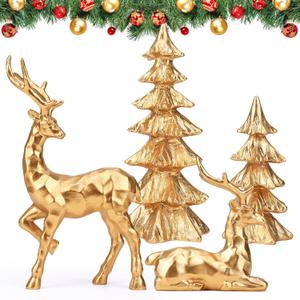 4-Piece Gold Christmas Tree Figurines and Resin Elk Sculpture Small Resin Christmas Trees,Tabletop Tree Artificial Animal Crafts for Indoor Home Decor,Tabletop Mantle Cabinet Desktop Office
