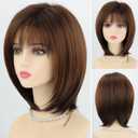 RENERSHOW Womens Layered Mid-length Ombre Brown Bob Wig with Bangs 12inch Straight Synthetic Wigs for Women Average Size Natural Looking Daily Party Wig