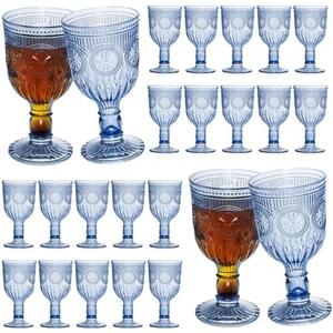 24 Pack Vintage Wine Glasses, Plastic Reusable 12 Ounce Colored Water Goblets, Unique Flower Embossed Pattern Unbreakable Stemmed Wine Glasses High Clear Wedding Party Bar Drinking Cups Blue