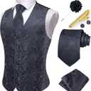 Hi-Tie Mens Suit Vest and Tie Set V-Neck Silk Paisley Formal Waistcoat Necktie Pocket Square Set for Wedding (Small, Dark Grey)