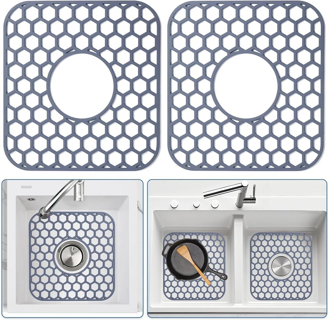 2 Pack Silicone Sink Protectors for Kitchen Sink - 12" x 11" Kitchen Sink with Center Drain Accessory, Non-Slip Heat-Resistant Mat for Bottom of Porcelain Stainless Steel, Dishwasher Safe (Gray)