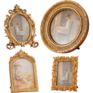 4 Pcs Gold Vintage Picture Frames for Tabletop Display Wall Hanging, Ornate Antique Photo Frame with Stand and Hanging Hook, Royal Style Wall Art Decor for Home Wedding Gallery Photography Props
