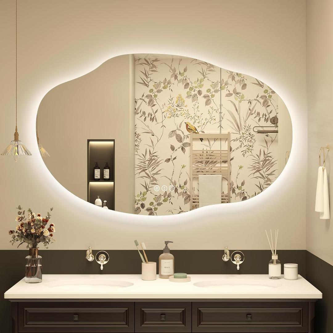 Irregular Backlit LED Bathroom Mirror for Wall 48"x30", Asymmetrical Lighted Vanity Mirror with Light, 3 Colors and Stepless Dimmable, Shatterproof, Defogger, Memory (Vertical or Horizontal)