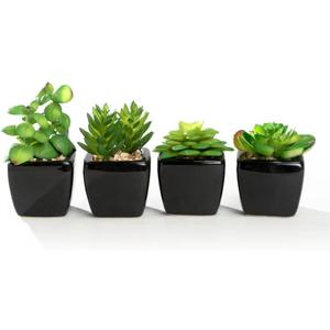 Modern Mini Artificial Succulent Plants Potted in Cube-Shape Black Ceramic Pots for Home Decor, Set of 4