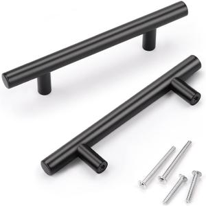 KNOBWELL 6 Pack 3-3/4" Black Drawer Pulls, T Bar Modern Kitchen Cupboard Handles Bathroom Cabinet Pulls, Round Black Handles 5-9/10 Inch Length