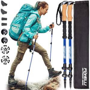 Foxelli Carbon Fiber Trekking Poles  Lightweight Collapsible Hiking Poles with Cork Grips, Lever Locks & All Terrain Accessories (Blue)