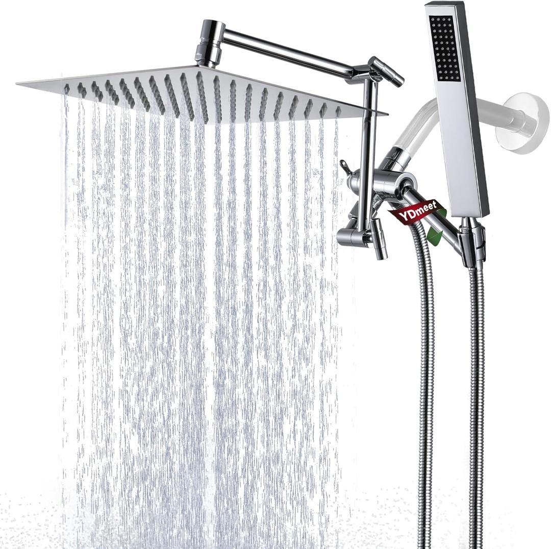 All Metal Rain Shower Head with Handheld Combo, YDmeet 10 Inch Rainfall Shower Head, Stainless Steel Hand Wand, 3 Setting Diverter, Adjustable Extension Arm w/Lock Joints, 71" Extra Long Hose, Chrome