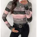 RoseSeek Women's Striped Color Block T Shirts Mock Neck Long Sleeve Elegant Fall Tops Multicolor Large