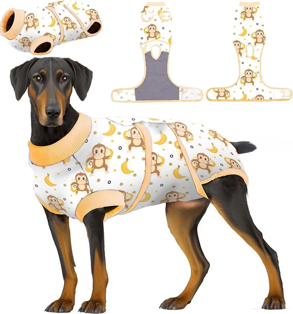 PetWarm Surgical Suit for Dogs Female, Recovery Suit for Dogs After Surgery, Dog Recovery Collars and Cones Alternative Dog Abdominal Wounds Bandages, Monkey Pattern, Yellow, XS (X-Small (Back:8.3-11.4'', Weight:4-7LB))