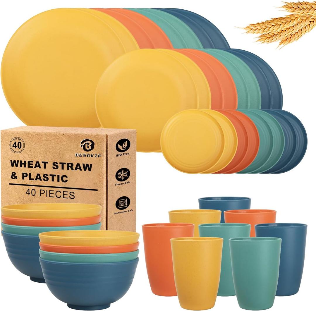 Wheat Straw Dinnerware Sets 40 PCS| Plates and Bowls Sets for 8, Unbreakable Dinner Plate, Dessert Plates, Cereal Bowl, Drinking Cups, Microwave Safe Dishes Set for Kitchen, Outdoor - Multi