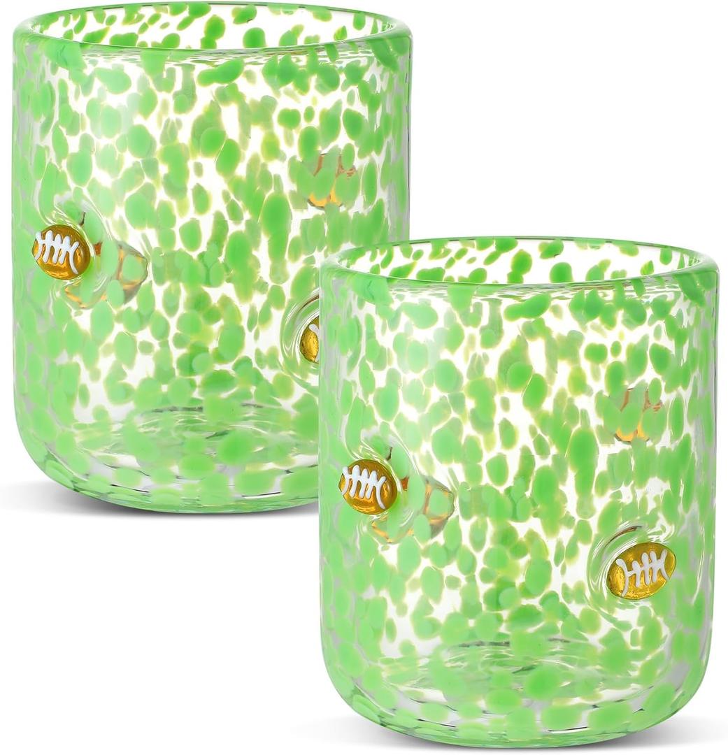 SiliFine 2 PCS Football Party Glass Cups - 14 oz Football Icon Stemless Wine Juice Coffee Drinking Glasses for Game Sports Day Party Supplies Gift (Green)