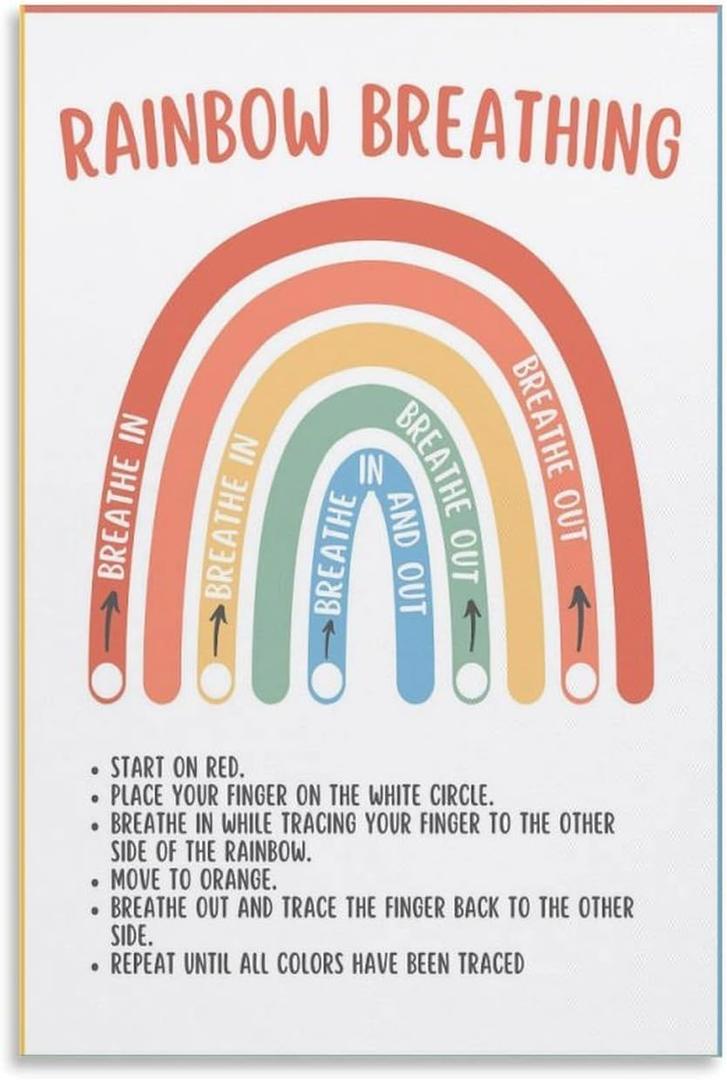Rainbow Breathing Calm down Poster Kids Teens Mindfulness Coping Skills Activity Grounding Technique Calming Strategies School Counselor Prints Posters Metal Tin Sign Wall Art Deco Pack Of 2