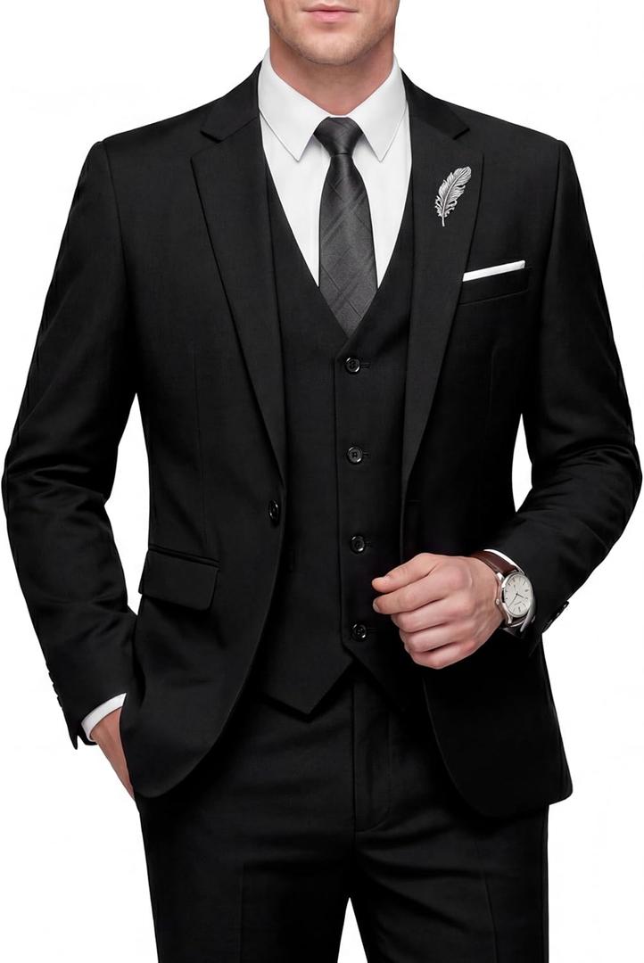 WULFUL Men's Slim Fit 3 Piece Suit, One Button Solid Blazer Business Party Jacket Vest Pants Set (L)