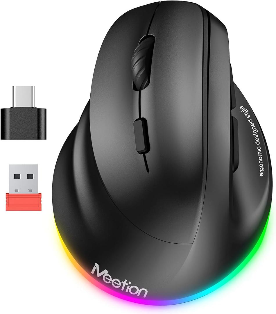 MEETION Left-Handed Ergonomic Mouse, Wireless Vertical RGB Rechargeable Mouse, Bluetooth(5.2 + 3.0) & USB-A with USB-C Adapter 4 Adjustable DPI Mice for Mac/Windows/PC/Tablet/iPad Black