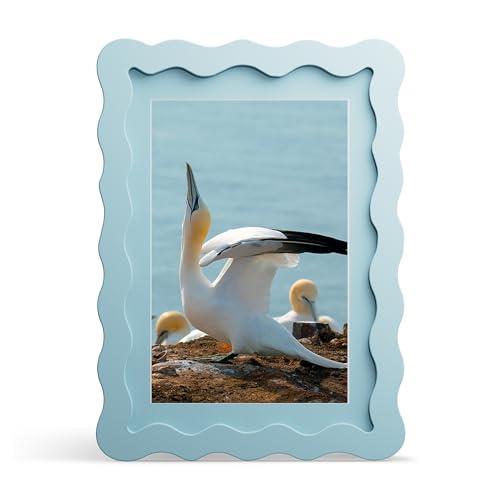 THKRLOF 5x7 Picture Frame with Mat for 4x6, Wavy Edge Wooden Real Glass Photo Frame for Tabletop and Wall Hanging, Blue, 1 Pack