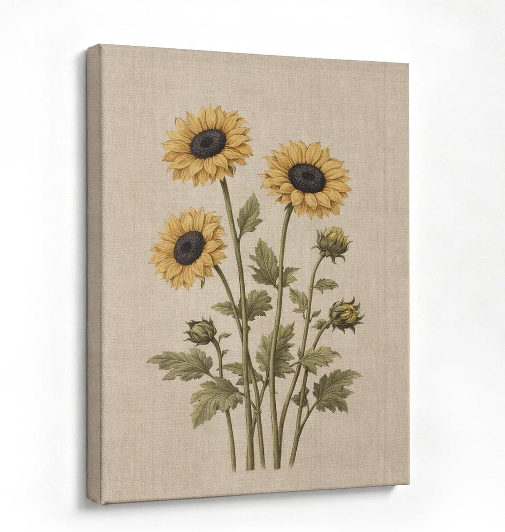 Framed Botanical Wall Art, Vintage Sunflower Canvas Decor, 16x24 Inch, 16.5"L x 24.4"W