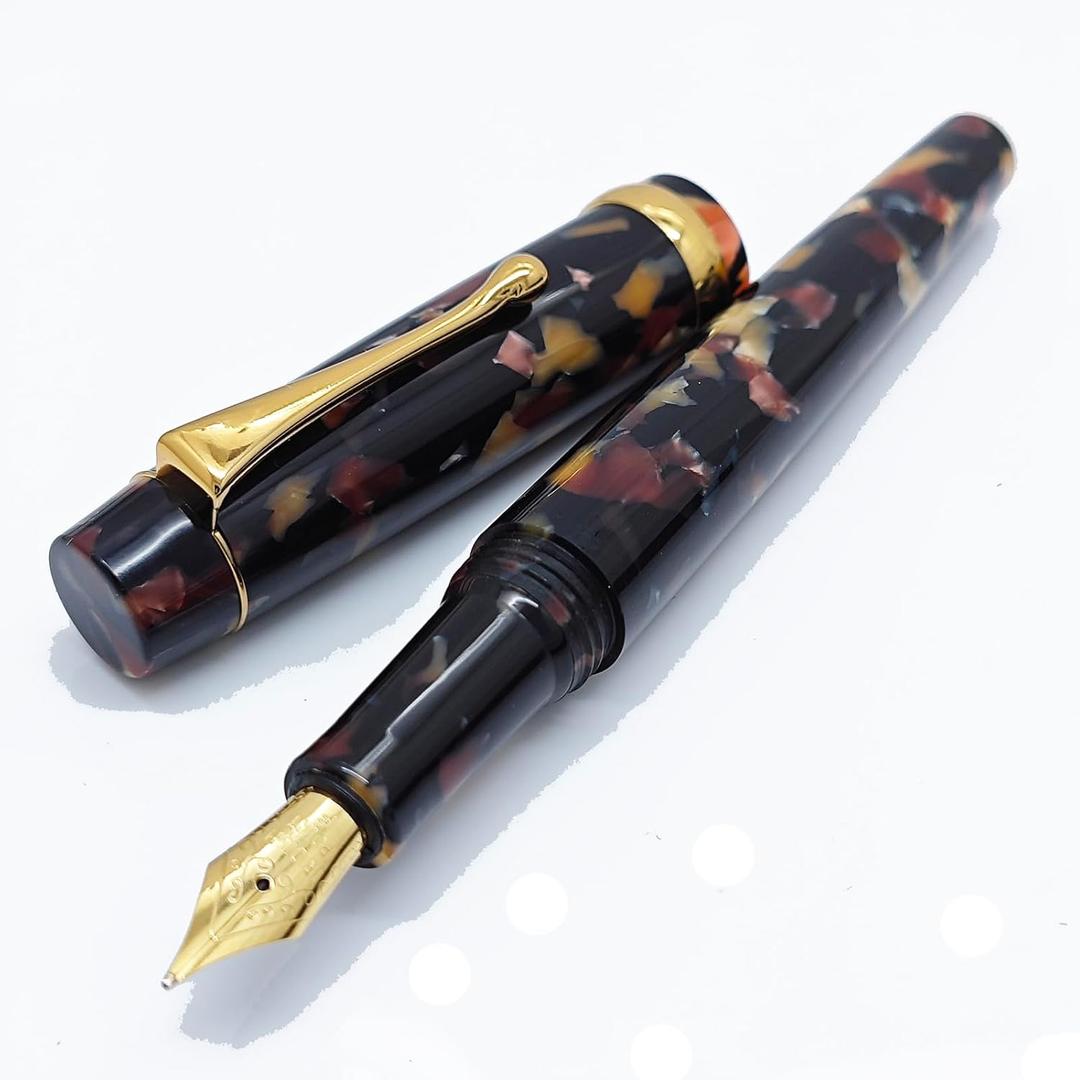 Luxury Writing Fountain Pen Set, Brown acrylic marble Medium Nib, Refillable Ink Converter, Ink Cartridge (Blue/Black) Gift Box