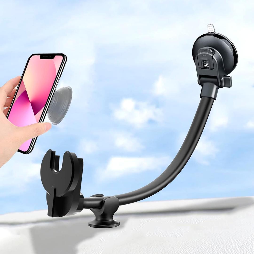 Car Phone Mount for Collapsible Grip/Socket Mount User,Windshield/Dashboard/Vent Phone Holder with Strong Suction Cup,13-Inches Long Arm Gooseneck Cell Phone Cradle for Swappable Grip Stand