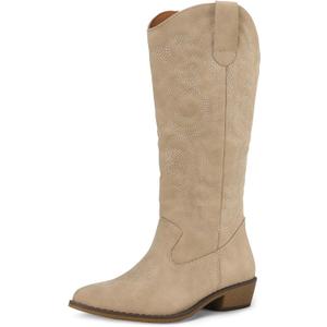 mysoft Women's Cowboy Boots Mid Calf Cowgirl Embroidered Western Pointed Toe Chunky Heel Pull On Knee High Boots (8.5, Tan)