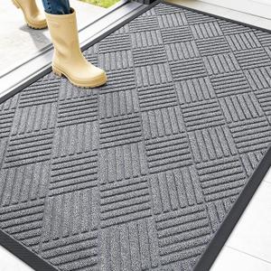 OLANLY Front Door Mat Outside Entrance 47x32, Absorbent, Heavy Duty Sturdy Natural Rubber Doormat Indoor Outdoor, Stain Fade Resistant, Non-Slip Low Profile Floor Mat Entryway, Charcoal Gray Diamond