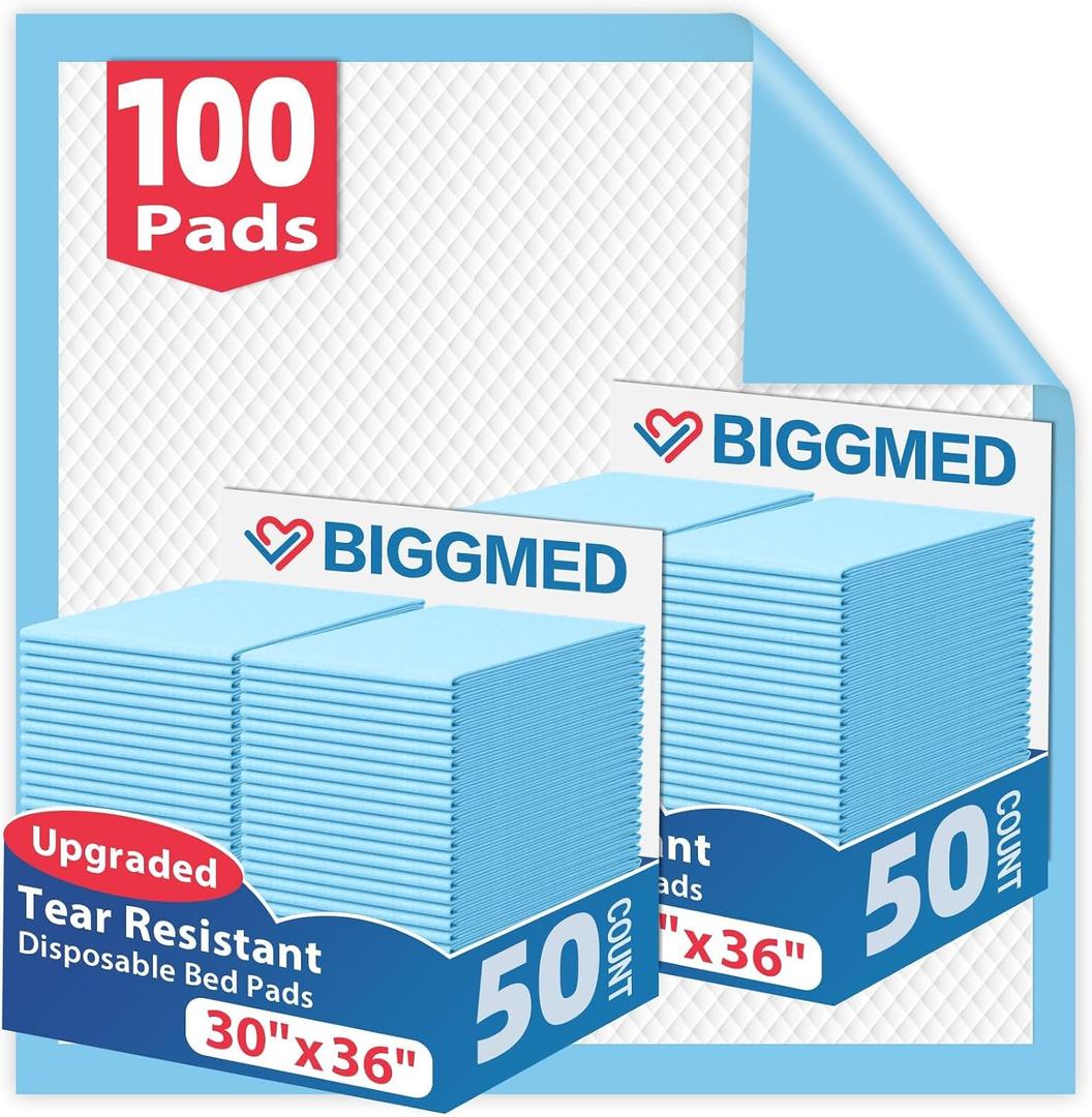 BIGGMED Tear-Resistant Disposable Bed Pads 30" x 36" 100 Count Absorbent Underpads, Chux Thicker Extra Large Incontinence Bed Pads, Pee Pads for Adults, Kids, Elderly, Pets