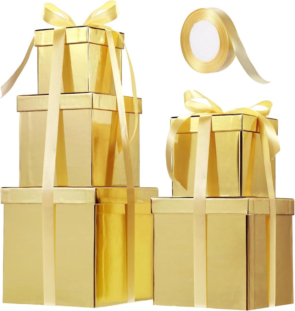 Cholemy 5 Pcs Square Nesting Boxes Decorative Gift Boxes with Lid and Ribbon Assorted Sizes Wrap for Valentines Day, Engagement, Anniversary, Birthday, Bridal Shower Party Gifts(Shiny Gold)