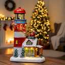 Musical Christmas Village Figurines Lighthouse & Flying Santa Collectibles Building Statues, Battery & USB Christmas Home Decor Gifts Festive Holiday Decorations