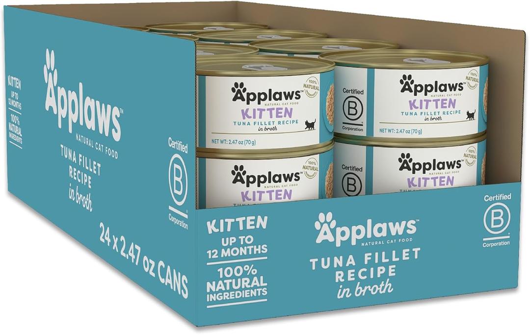 Applaws Natural Wet Kitten Food in Broth, Limited Ingredient Canned Wet Kitten Food, No Additives, Made with Natural Ingredients, Tuna Fillet in Broth (24 x 2.47oz Cans) (EXP 10/15/27)