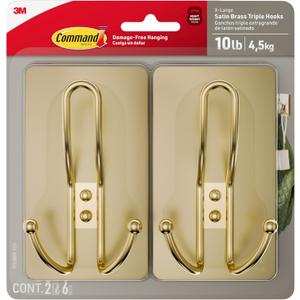Command X-Large Satin Brass Triple Hook, 2 Hooks, 6 Strips, Damage-Free Hanging with Adhesive Strips, No Tools Wall Hook for Hanging Decorations in Living Spaces